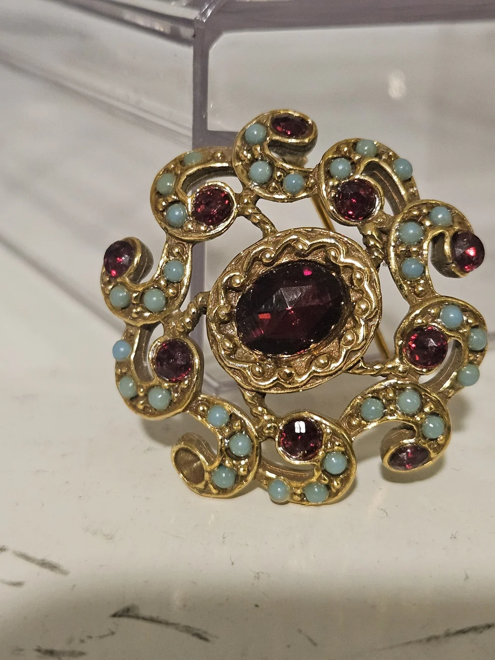 Gold-Tone Floral Brooch with Deep Red and Turquoise Accents